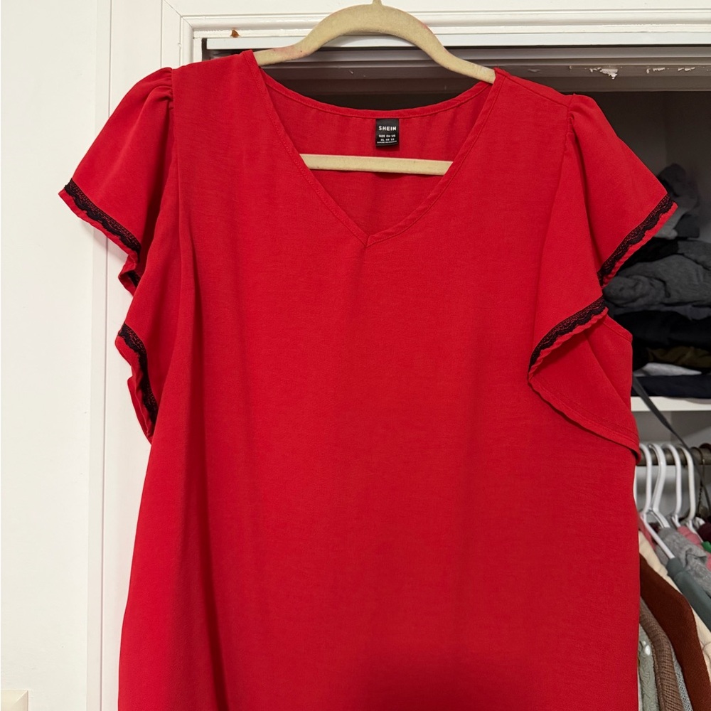 SHEIN Red V-Neck Flutter Sleeve Top with Black Trim